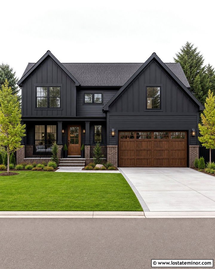 Jet Black Two Story House With Brick Skirting - 30 Jet Black House Design With Board and Batten Ideas