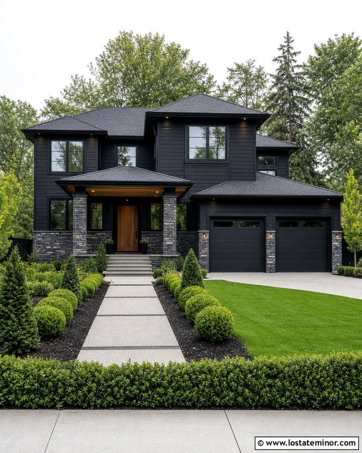 Jet Black Two Story House With Charcoal Stone Wainscoting - 30 Jet Black House Design With Wainscoting Ideas