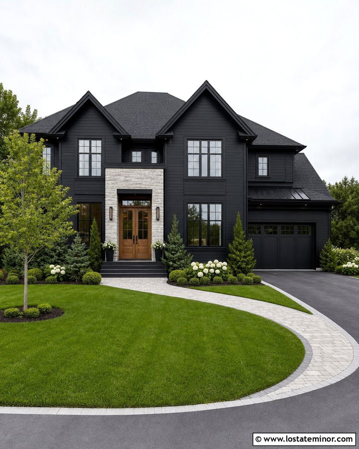 Jet Black Two Story House With Circular Walkway - 30 Jet Black House Design With Front Yard Ideas