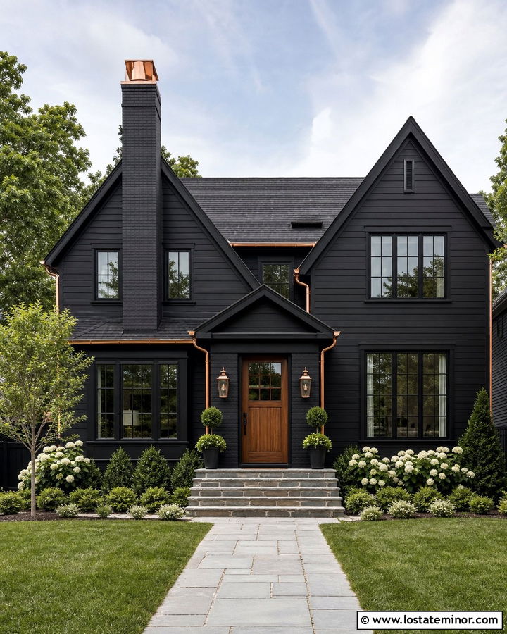 Jet Black Two Story House With Copper Chimney Cap - 30 Jet Black House Design With Chimney Ideas