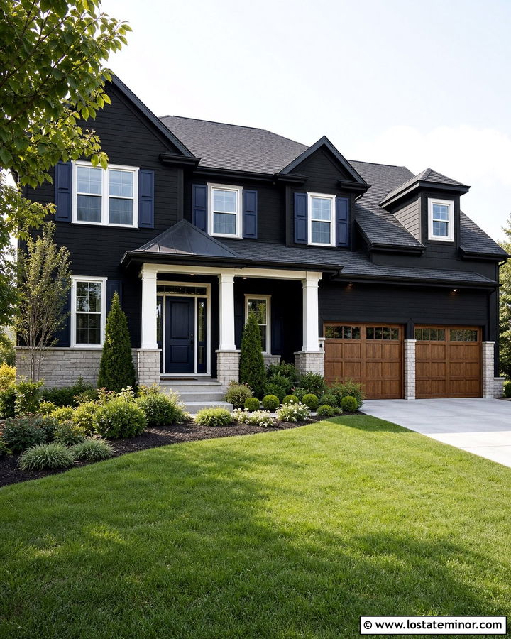 Jet Black Two Story House With Navy Shutters - 30 Jet Black House Design With Shutters Ideas