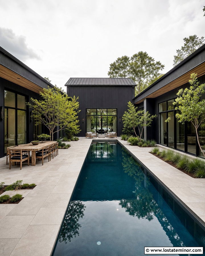 Jet Black U Shaped House With Courtyard Pool - 30 Jet Black House Design With Swimming Pool Ideas
