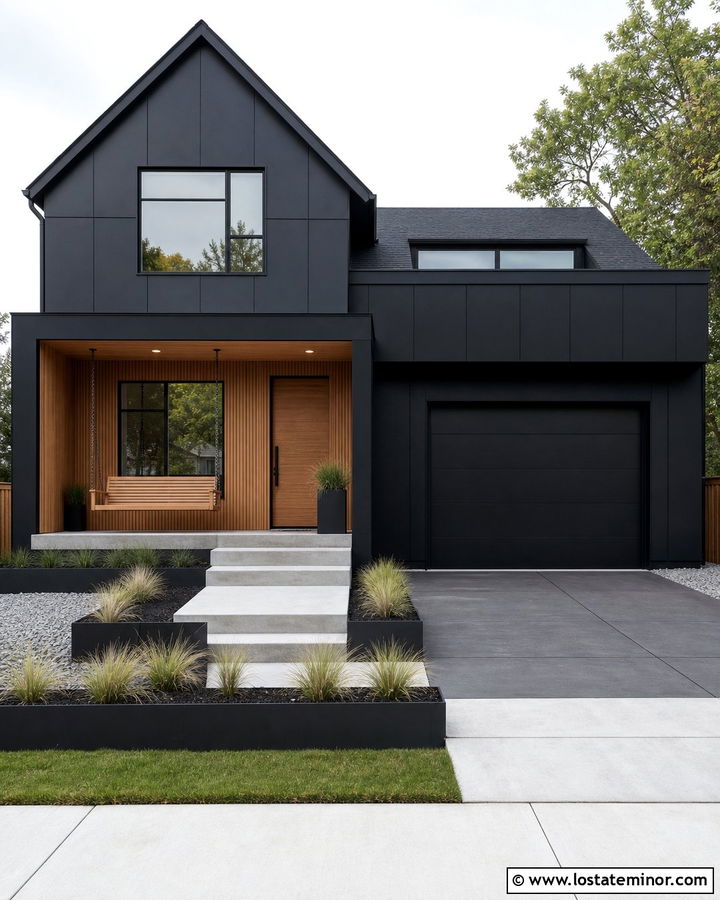 Jet Black Urban House With Modern Slat Swing - 30 Jet Black House Design With Swing Ideas
