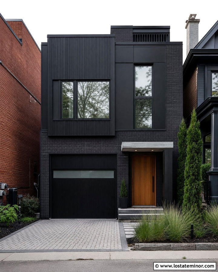 Jet Black Urban House With Ribbed Metal Garage Door - 30 Jet Black House Design With Garage Door Ideas