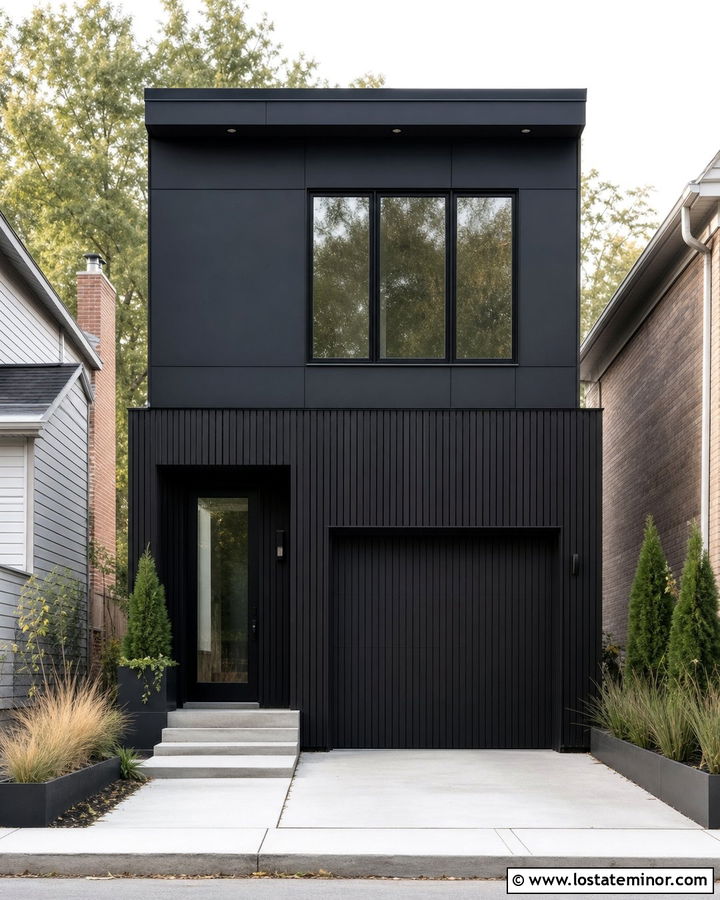 Jet Black Urban House With Vertical Wood Wainscoting - 30 Jet Black House Design With Wainscoting Ideas