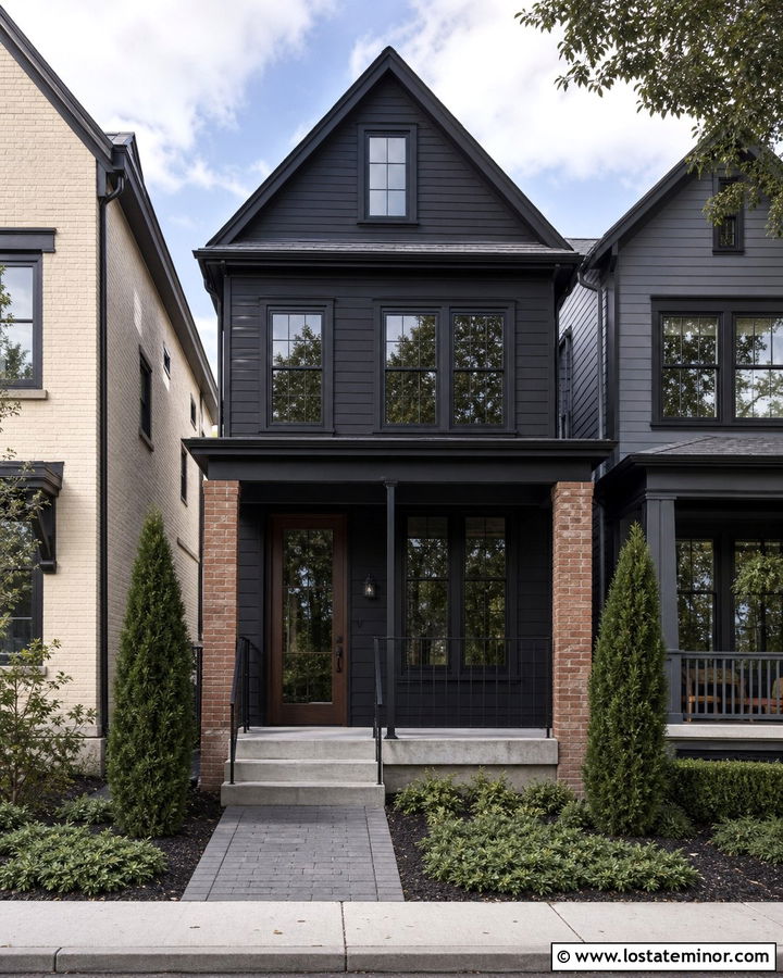 Jet Black Urban Townhouse With Brick Porch Columns - 30 Jet Black House Design With Porch Columns Ideas