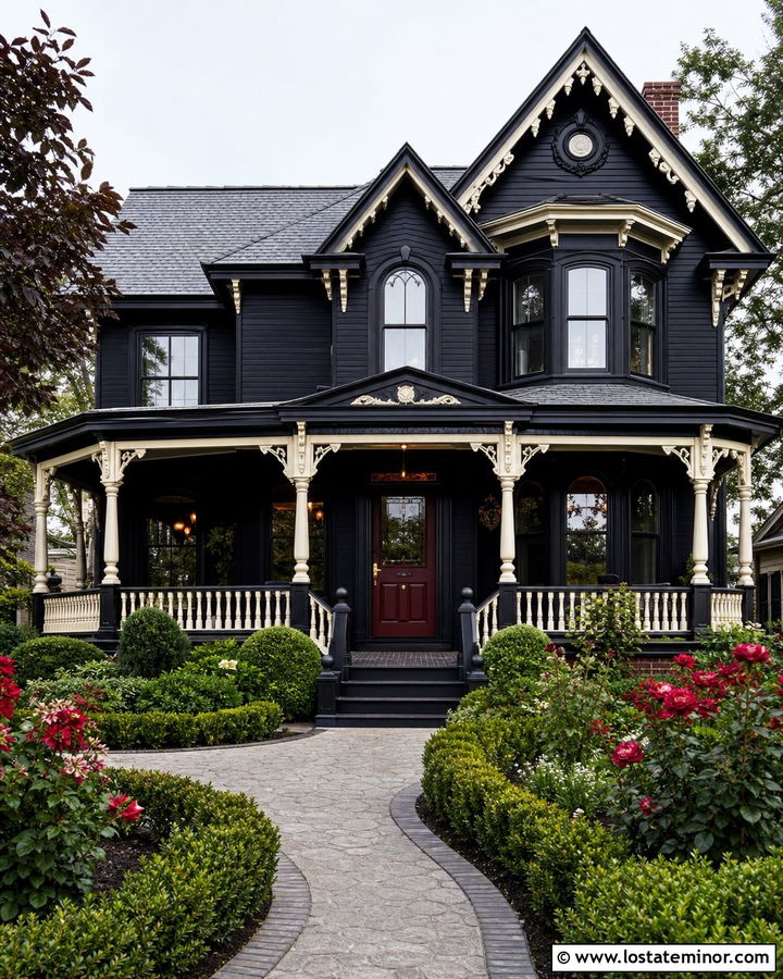 Jet Black Victorian House With Burgundy Dutch Door - 30 Jet Black House Design With Dutch Door Ideas