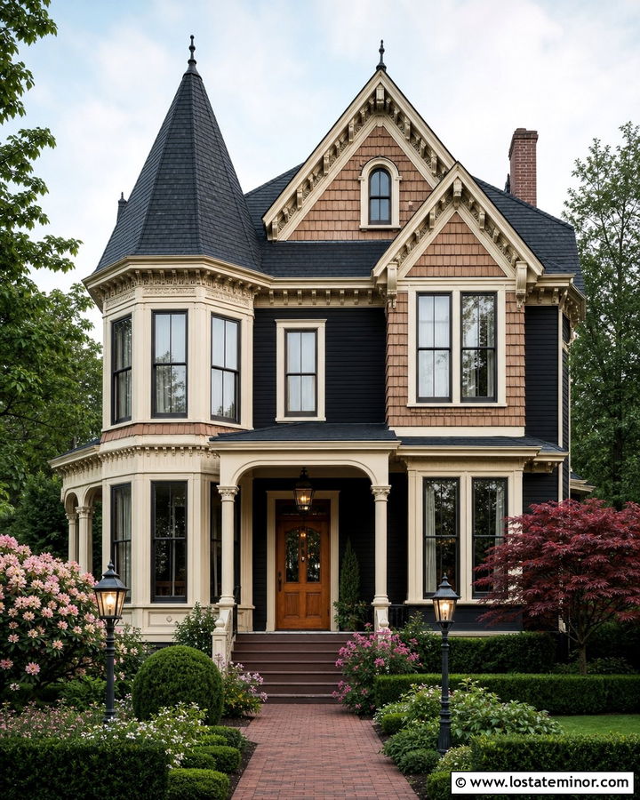 Jet Black Victorian House With Cedar Shake Details - 30 Jet Black House Design With Cedar Shake Ideas