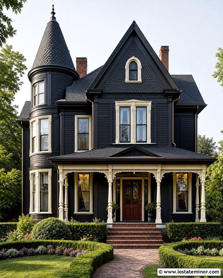 Jet Black Victorian House With Cream Window Frames - 30 Jet Black House Design With Window Frames Ideas