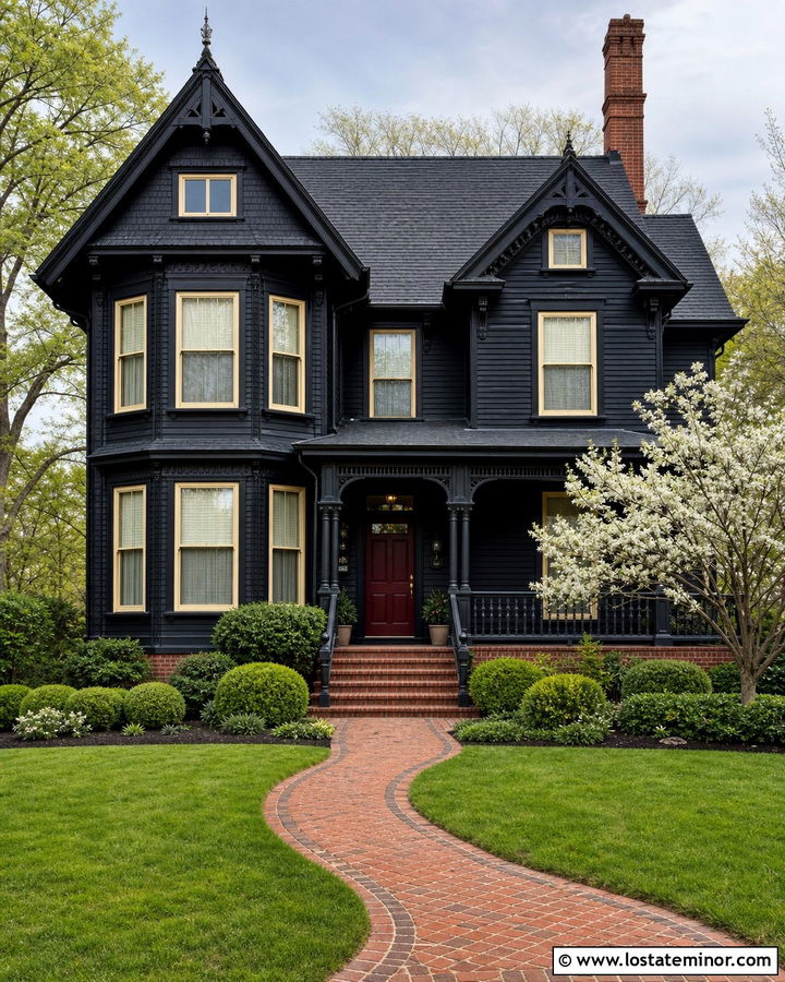 Jet Black Victorian House With Decorative Brick - 30 Jet Black House Design With Brick Accents Ideas