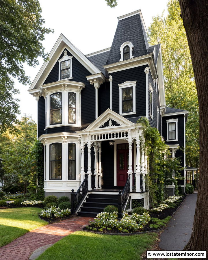 Jet Black Victorian House With Decorative Portico - 30 Jet Black House Design With Portico Ideas