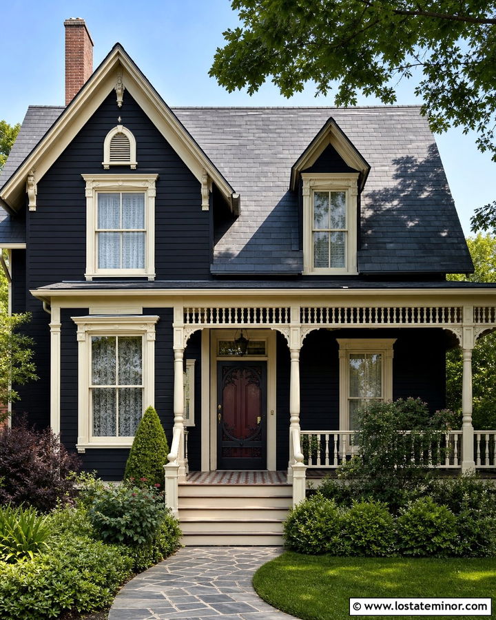 Jet Black Victorian House With Decorative Screen Door - 30 Jet Black House Design With Screen Door Ideas