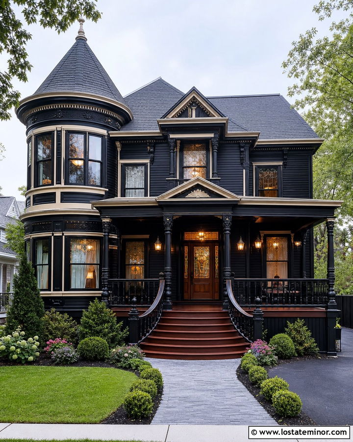 Jet Black Victorian House With Detailed Deck - 30 Jet Black House Design With Deck Ideas