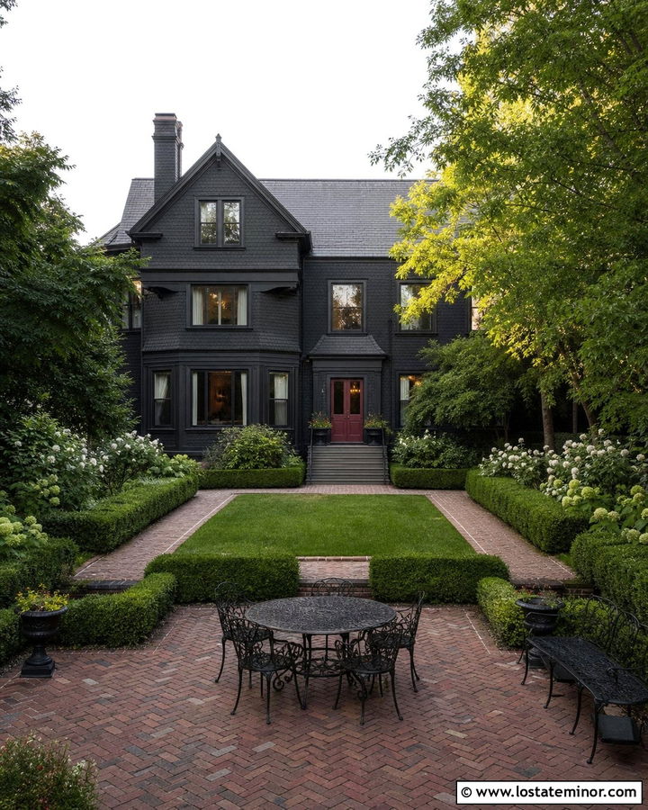 Jet Black Victorian House With Formal Garden - 30 Jet Black House Design With Backyard Ideas