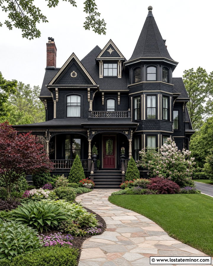 Jet Black Victorian House With Layered Front Garden - 30 Jet Black House Design With Front Yard Ideas