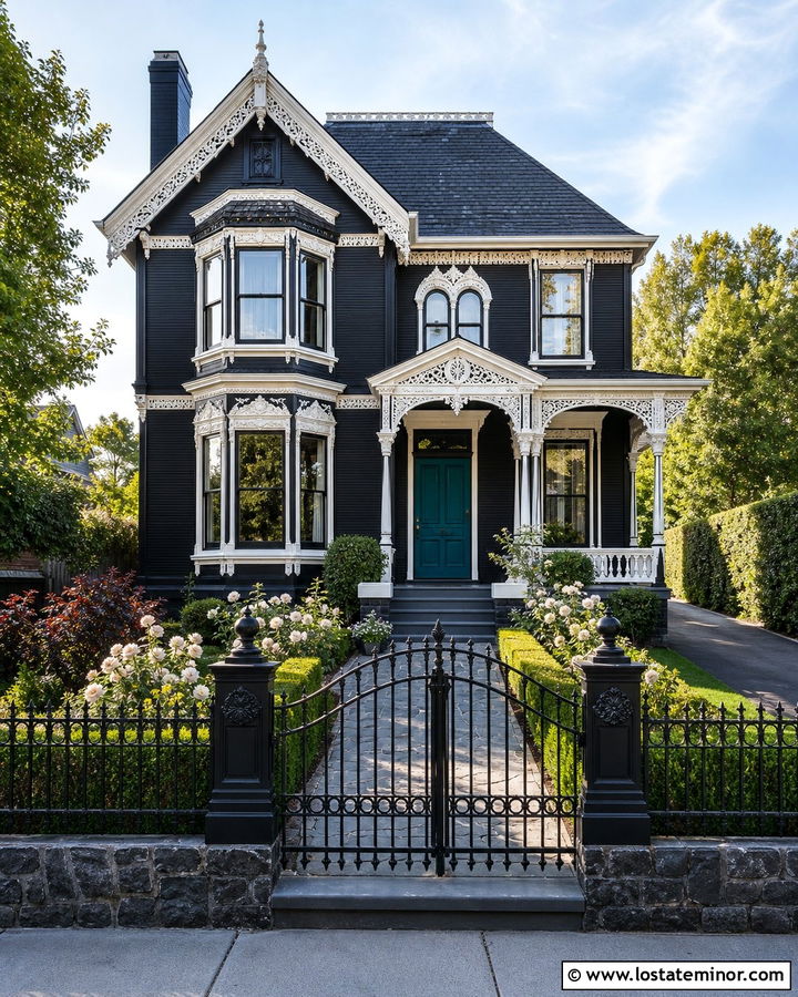 Jet Black Victorian House With Ornamental Fence - 30 Jet Black House Design With Fence Ideas