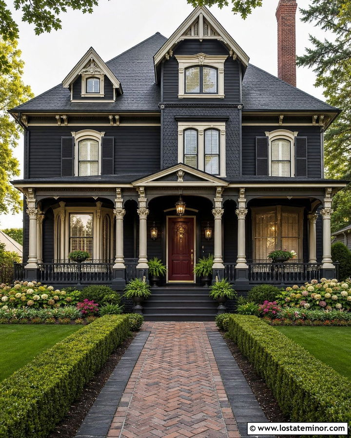 Jet Black Victorian House With Ornate Hanging Lanterns - 30 Jet Black House Design With Light Fixtures Ideas