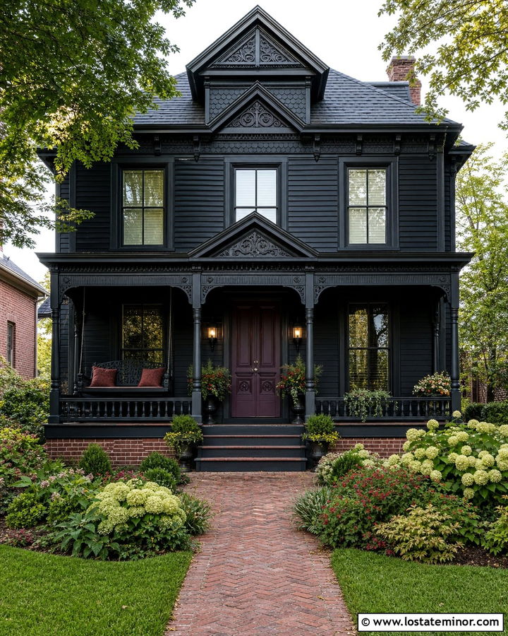 Jet Black Victorian House With Ornate Porch Swing - 30 Jet Black House Design With Swing Ideas
