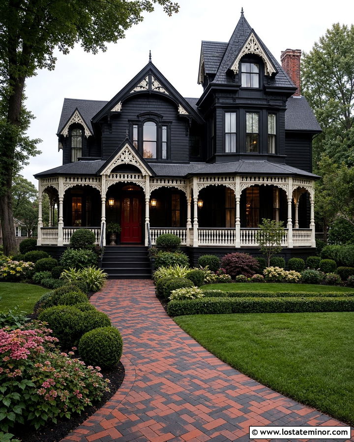 Jet Black Victorian House With Patterned Brick Walkway - 30 Jet Black House Design With Walkway Ideas