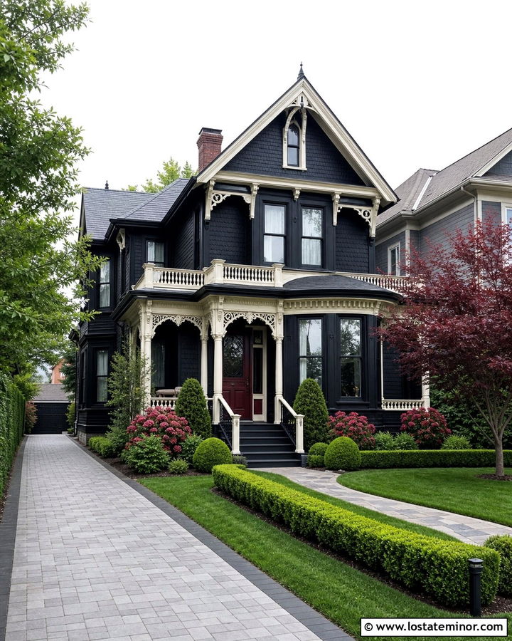 Jet Black Victorian House With Paver Driveway - 30 Jet Black House Design With Driveway Ideas