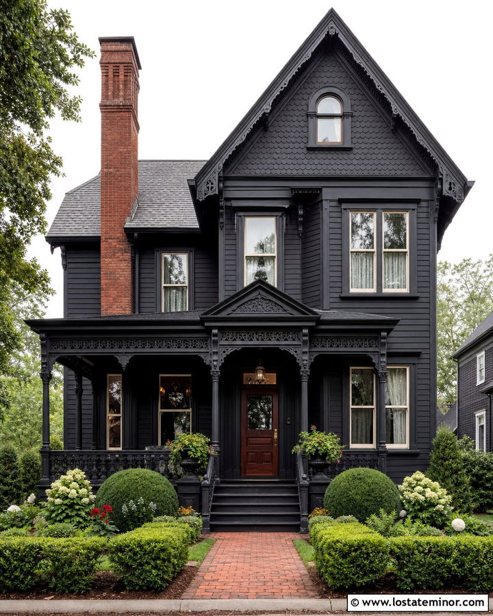 Jet Black Victorian House With Red Brick Chimney - 30 Jet Black House Design With Chimney Ideas