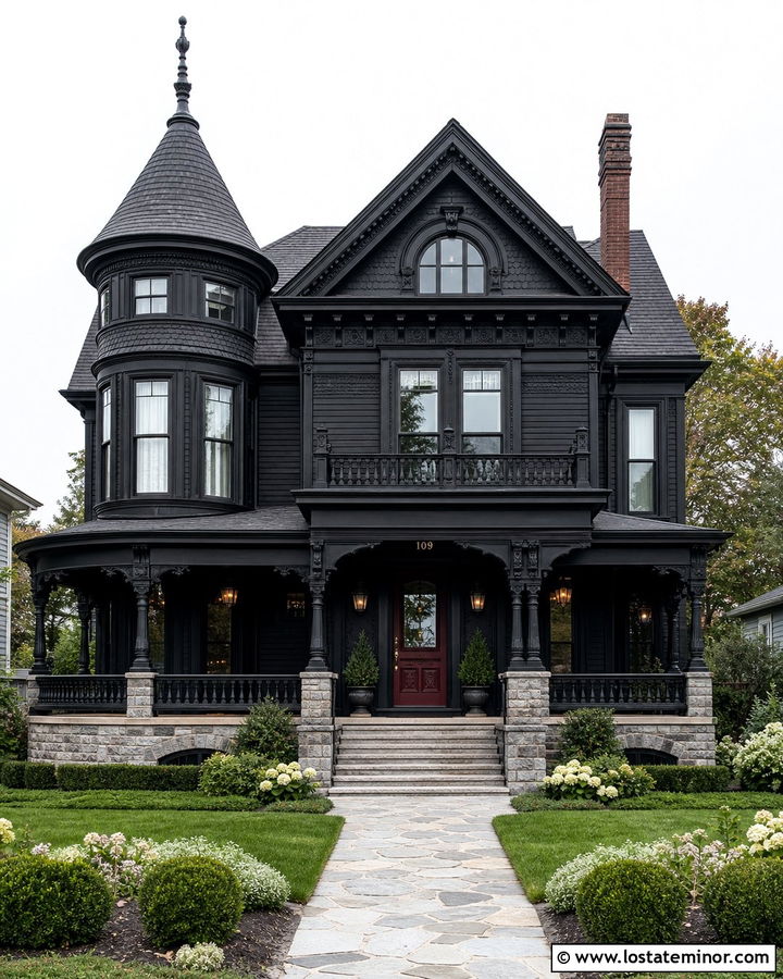 Jet Black Victorian House With Stone Base - 30 Jet Black House Design With Stone Accents Ideas