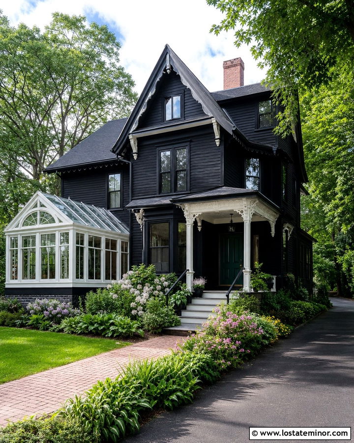 Jet Black Victorian House With White Sunroom - 30 Jet Black House Design With Sunroom Ideas