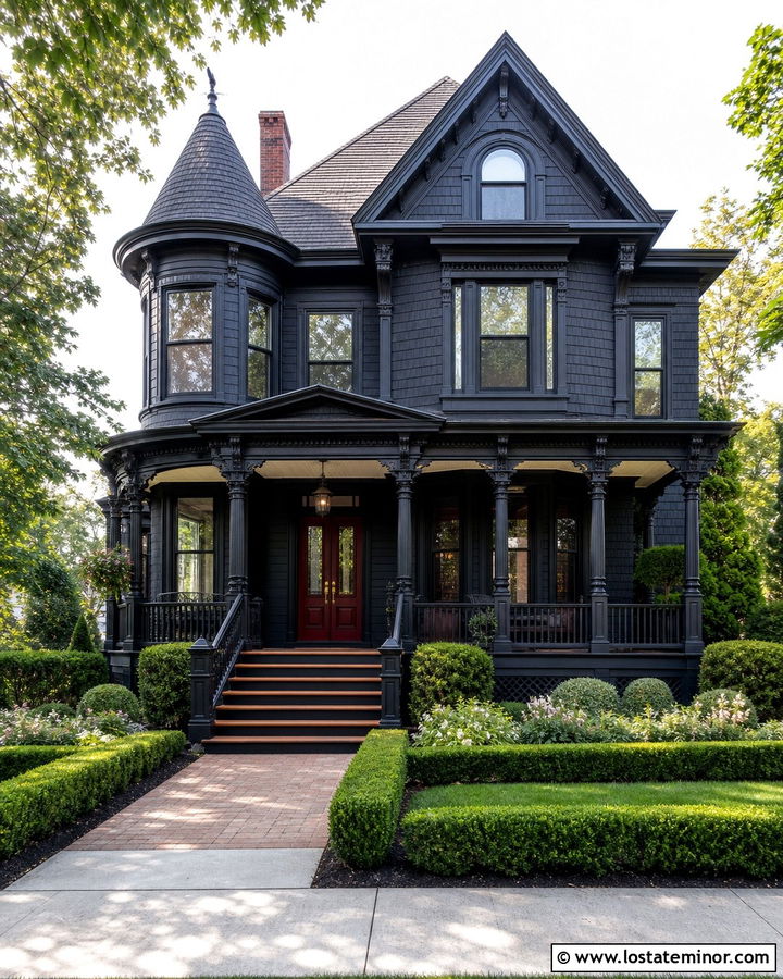 Jet Black Victorian House With Wood Porch Steps - 30 Jet Black House Design With Steps Ideas