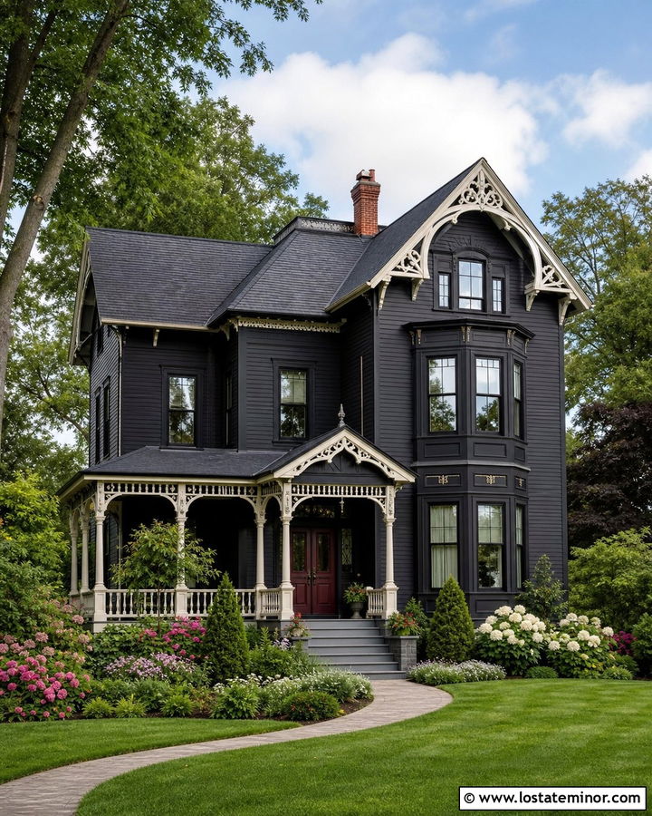 Jet Black Victorian Siding With Warm White Trim - 30 Jet Black House Design With Siding Ideas