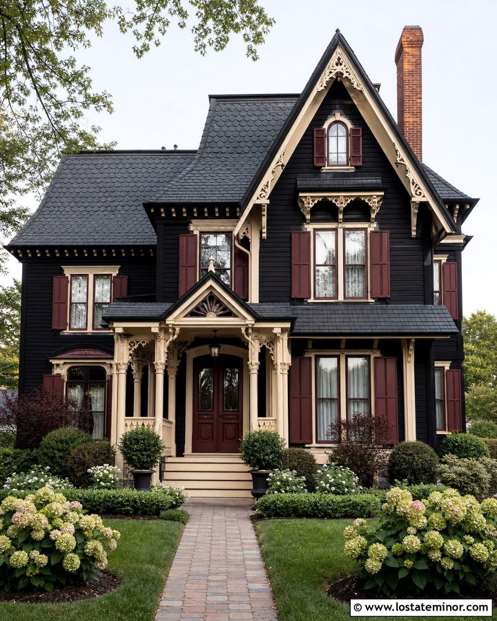 Jet Black Victorian With Burgundy Shutters - 30 Jet Black House Design With Shutters Ideas