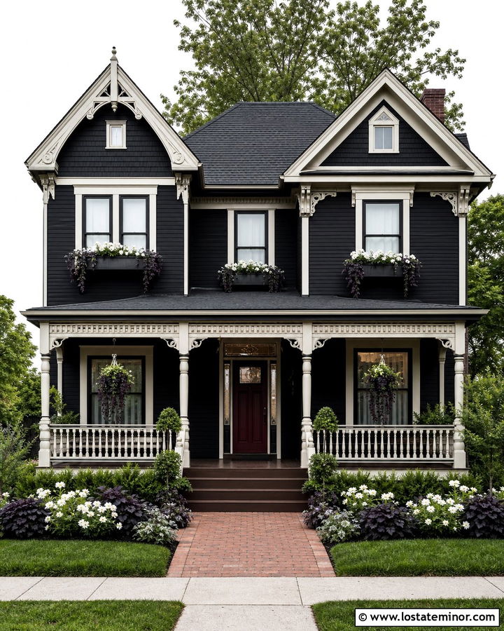 Jet Black Victorian With Ornate Window Boxes - 30 Jet Black House Design With Window Boxes Ideas