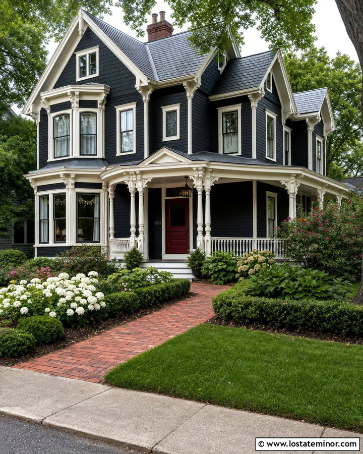 Jet Black Victorian With Turned White Porch Columns - 30 Jet Black House Design With Porch Columns Ideas