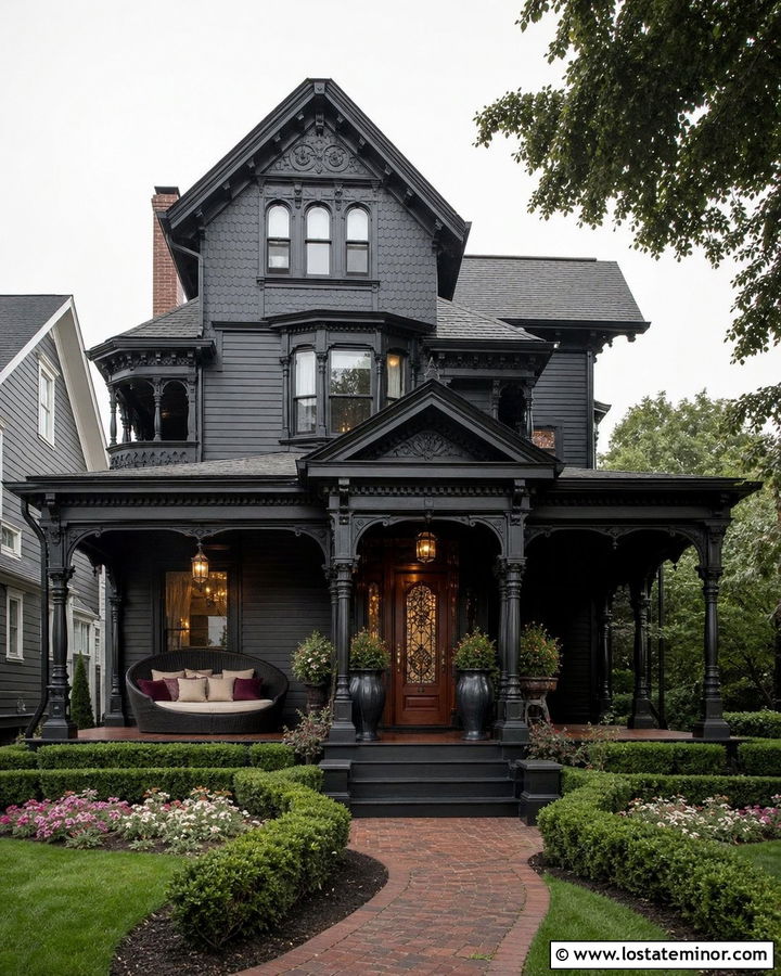 Jet Black Victorian With Wicker Daybed - 30 Jet Black House Design With Daybed Ideas