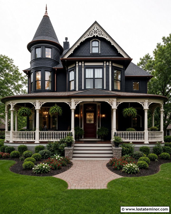 Jet Black Victorian With Wraparound Porch - 30 Jet Black House Design With Front Porch Ideas