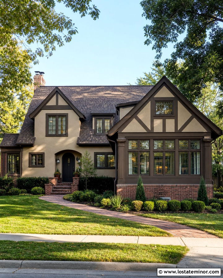 Khaki Tan Tudor House With Timbered Sunroom - 30 Tan House Design With Sunroom Ideas