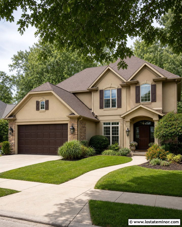 Kilim Beige House With Dark Brown Garage Door - 30 Beige House Design With Garage Door Ideas