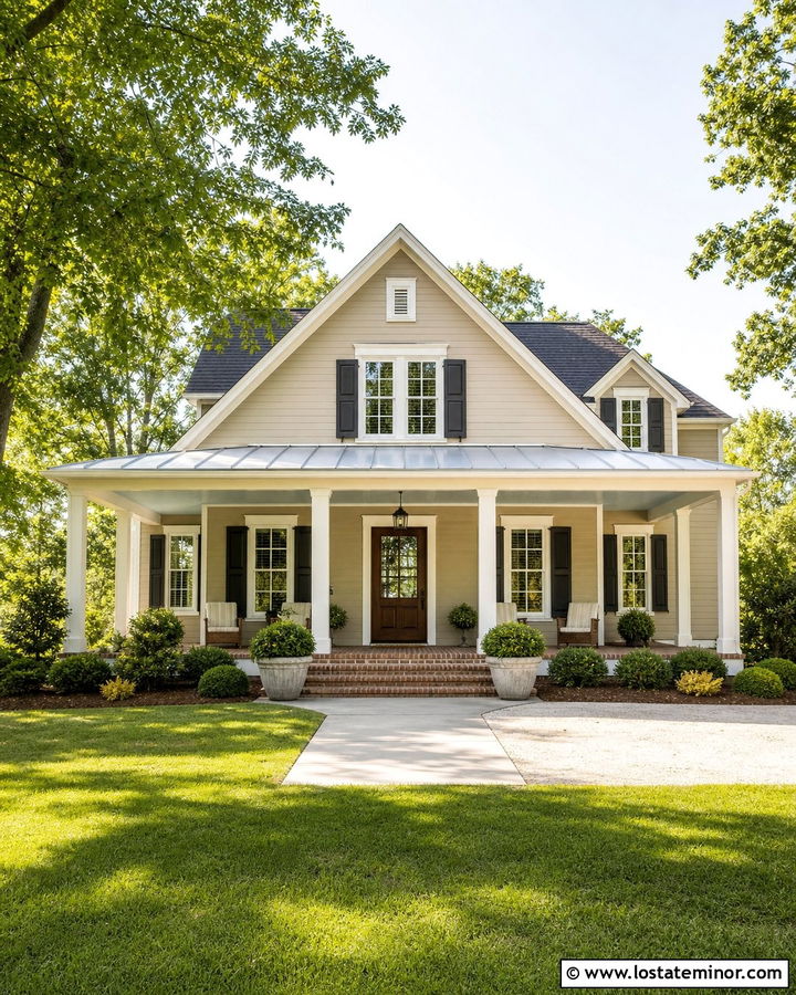 Kilim Beige House With Sky Blue Porch Ceiling - 30 Beige House Design With Porch Ceiling Ideas