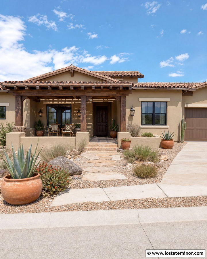Kilim Beige Southwest House With Covered Deck - 30 Beige House Design With Deck Ideas