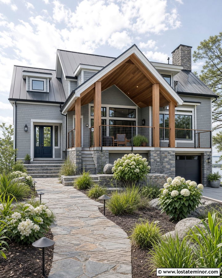 Lake House Stone Exterior With Cedar Porch Columns - 30 Stone House Design With Porch Columns Ideas