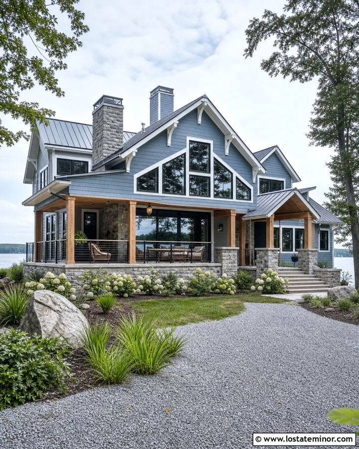 Lake House Stone Exterior With Wide Gables - 30 Stone House Design With Gables Ideas