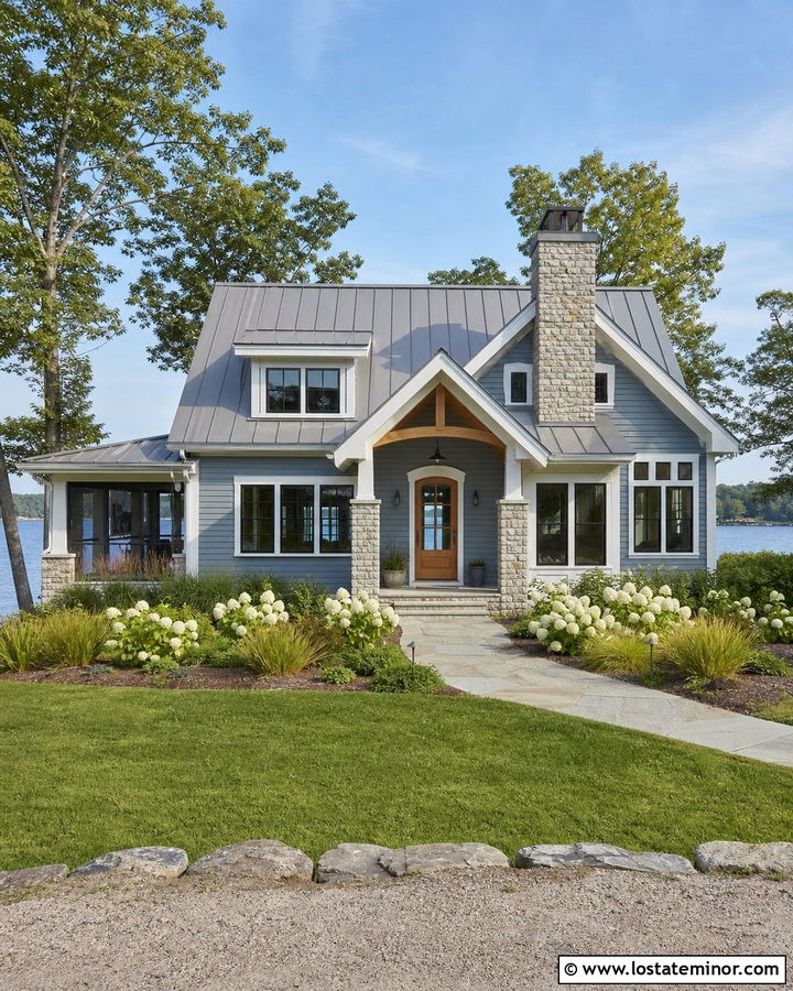 Lake House With Stone Chimney And Blue Siding - 30 Stone House Design With Chimney Ideas