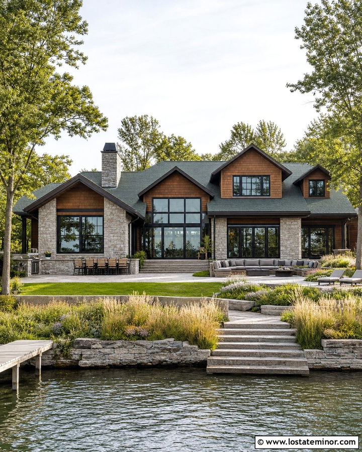 Lakefront Stone House With Waterfront Patio - 30 Stone House Design With Backyard Ideas