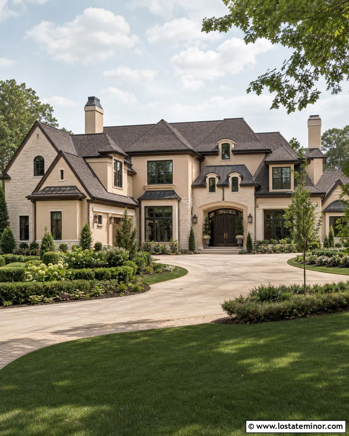 Large Beige Estate With Mixed Dormers - 30 Beige House Design With Dormers Ideas