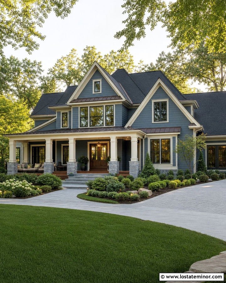 Large Dusty Blue House With Deep Front Porch - 30 Dusty Blue House Design With Front Porch Ideas