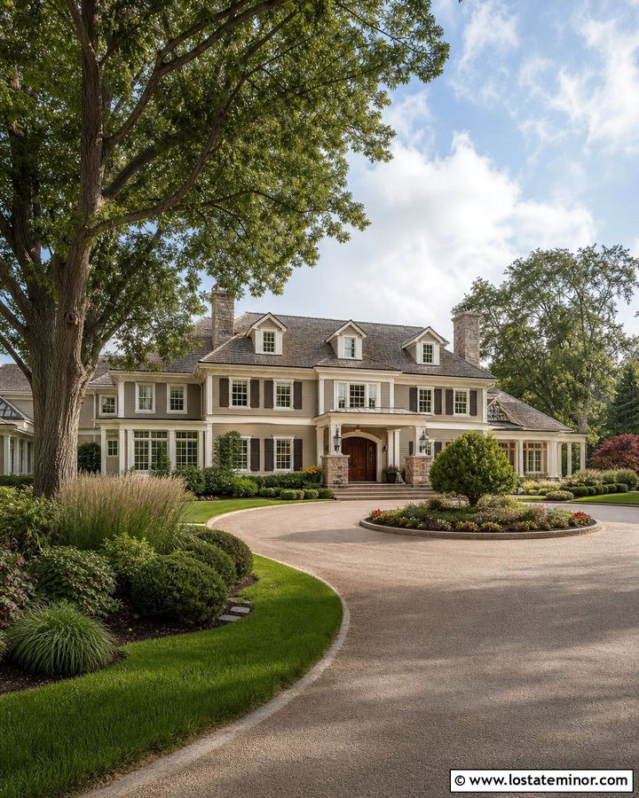 Large Tan House With Circular Driveway Landscaping - 30 Tan House Design With Front Yard Ideas
