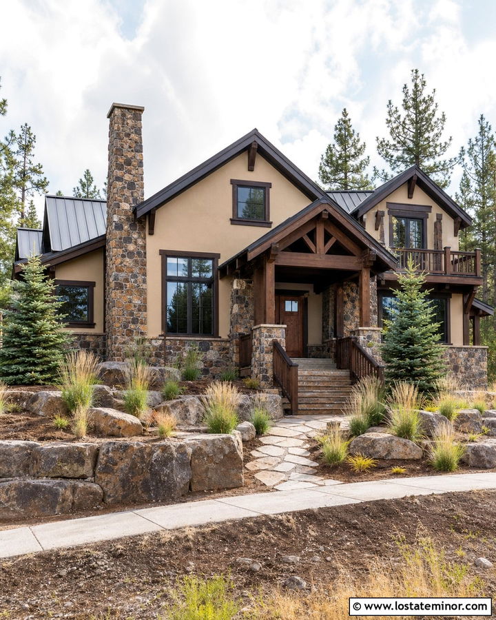 Latte Lodge House With Mountain Stone - 30 Beige House Design With Stone Accents Ideas