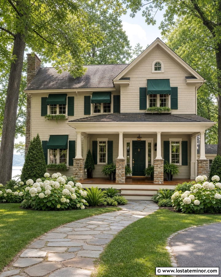 Light Beige House With Forest Green Awnings - 30 Beige House Design With Awning Ideas