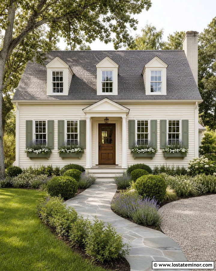 Light Beige House With Sage Window Boxes - 30 Beige House Design With Window Boxes Ideas