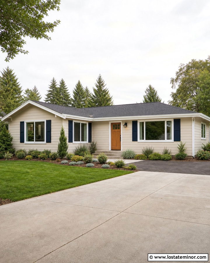 Light Beige Ranch House With Navy Shutters - 30 Beige House Design With Shutters Ideas