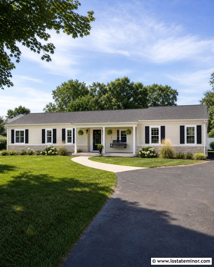 Light Beige Ranch With Black Swing - 30 Beige House Design With Swing Ideas